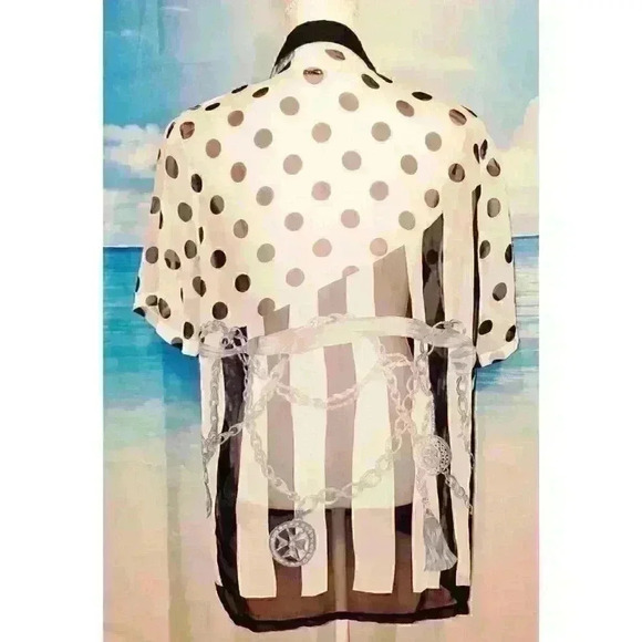 FASHION AGE Woman's SHEER Career Casual Blouse NAVY BLUE & WHITE Button Down Lg - Picture 5 of 6